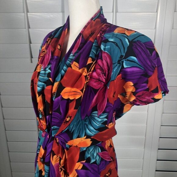Vintage 80's Tess Dress S Bright Floral Print Blouson Turquoise Purple Sheath - Picture 8 of 12
